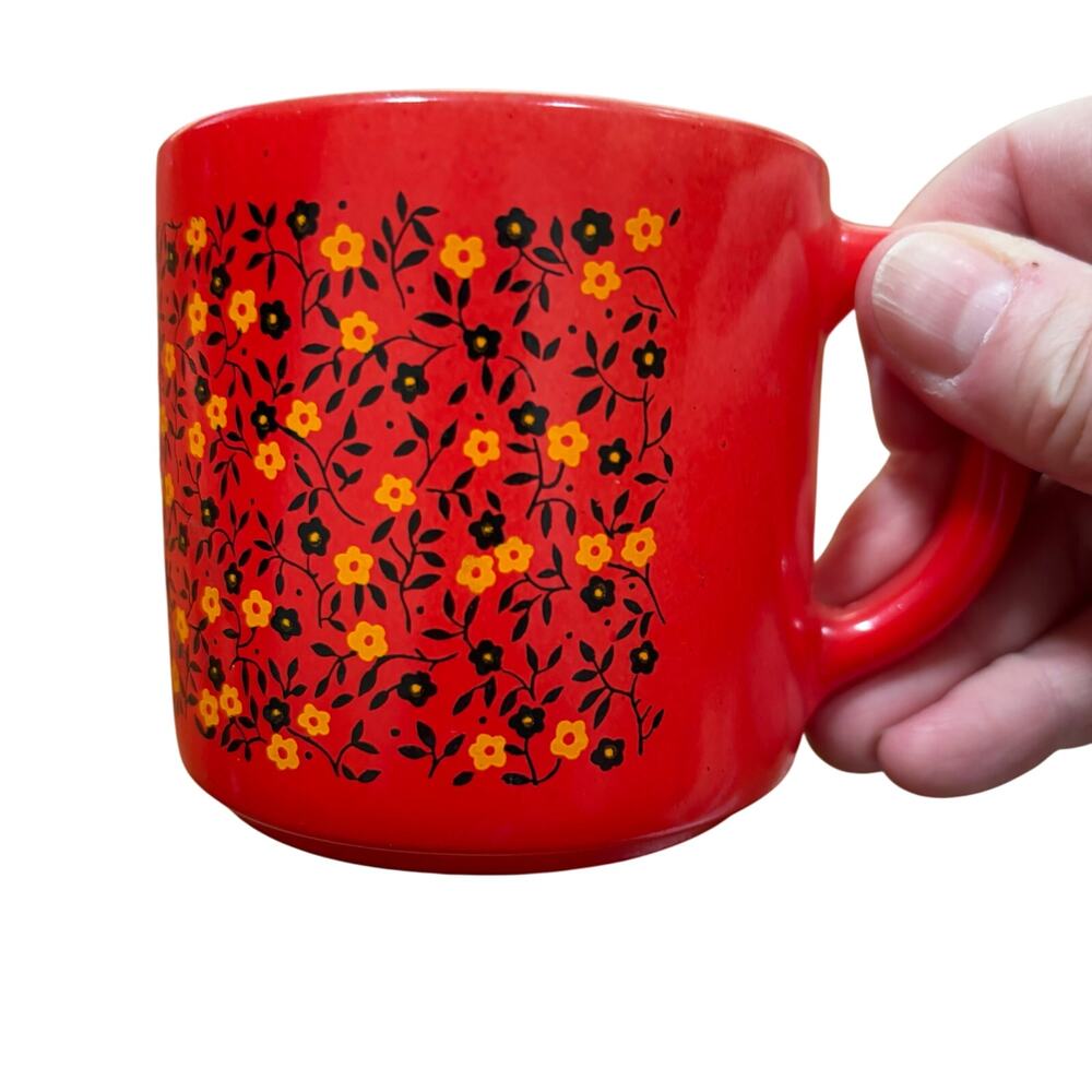 Vintage Federal Glass coffee / tea mugs (2) red & yellow flowers on white glass
